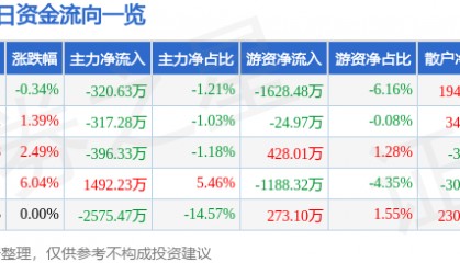 股票行情快报：文峰股份（601010）2月13日主力资金净卖出320.63万元