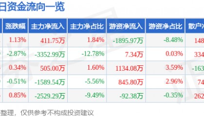股票行情快报：海立股份（600619）5月16日主力资金净买入411.75万元