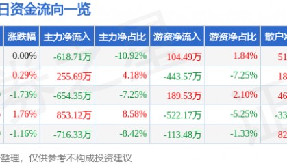 股票行情快报：浙江永强（002489）3月11日主力资金净卖出618.71万元