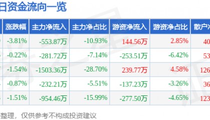 股票行情快报：福建水泥（600802）3月24日主力资金净卖出553.87万元