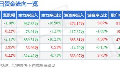 股票行情快报：奥康国际（603001）4月20日主力资金净卖出987.85万元