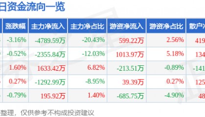 股票行情快报：海南瑞泽（002596）8月27日主力资金净卖出4789.59万元