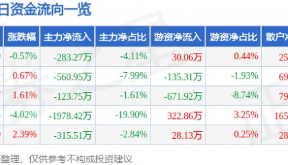 股票行情快报：鼎龙科技（603004）12月30日主力资金净卖出283.27万元
