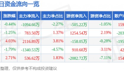 股票行情快报：鼎龙股份（300054）12月3日主力资金净卖出1094.66万元