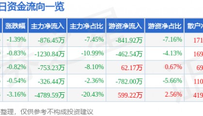 股票行情快报：海南瑞泽（002596）9月2日主力资金净卖出876.45万元