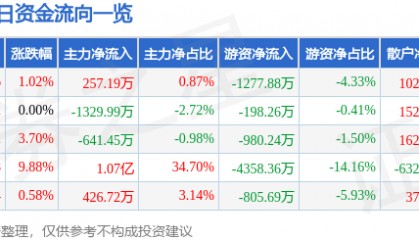 股票行情快报：三峡新材（600293）12月11日主力资金净买入257.19万元