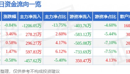 股票行情快报：华天酒店（000428）12月3日主力资金净卖出1206.05万元