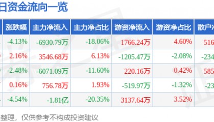 股票行情快报：荣科科技（300290）3月24日主力资金净卖出6930.79万元