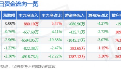 股票行情快报：海南瑞泽（002596）8月4日主力资金净买入880.10万元