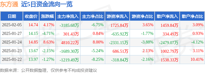 股票行情快报：东方通（300379）2月5日主力资金净卖出3185.68万元