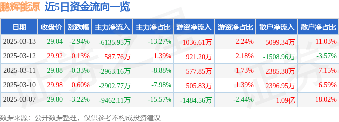 股票行情快报：鹏辉能源（300438）3月13日主力资金净卖出6135.95万元