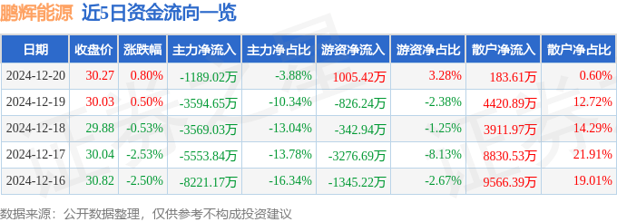 股票行情快报：鹏辉能源（300438）12月20日主力资金净卖出1189.02万元