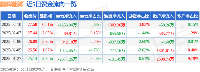 股票行情快报：鹏辉能源（300438）2月10日主力资金净卖出1253.04万元