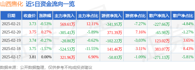 股票行情快报：山西焦化（600740）2月21日主力资金净买入569.61万元