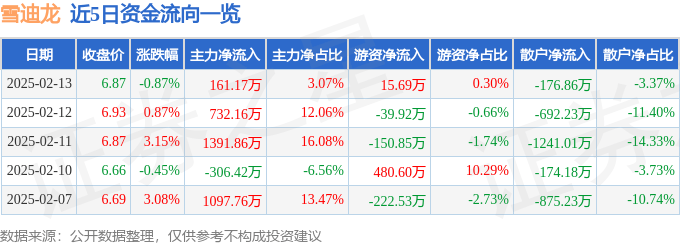 股票行情快报：雪迪龙（002658）2月13日主力资金净买入161.17万元