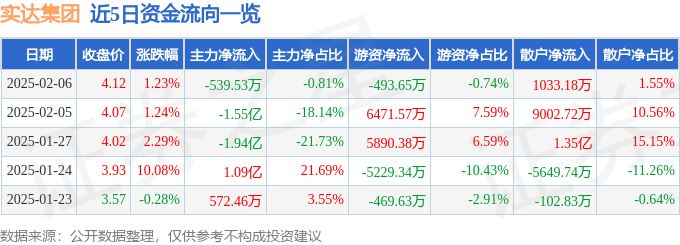 股票行情快报：实达集团（600734）2月6日主力资金净卖出539.53万元