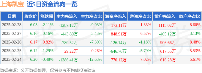 股票行情快报：上海凯宝（300039）2月28日主力资金净卖出1287.12万元