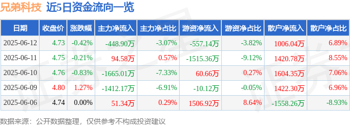 股票行情快报：兄弟科技（002562）6月12日主力资金净卖出448.90万元