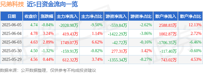 股票行情快报：兄弟科技（002562）6月5日主力资金净卖出2028.98万元