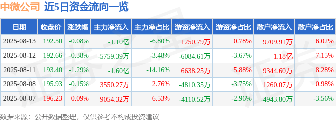 股票行情快报：中微公司（688012）8月13日主力资金净卖出1.10亿元